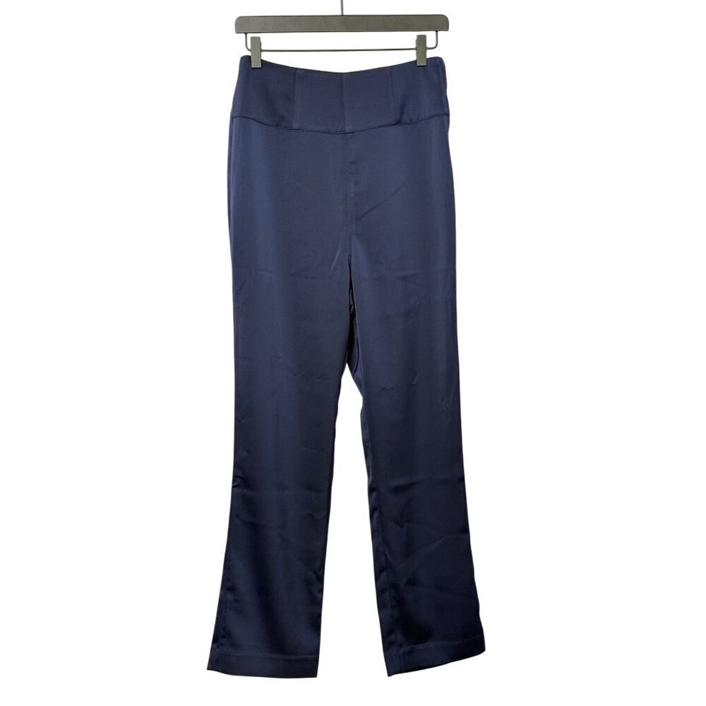 NBD Revolve NWT Navy Blue Satin Pants Slacks Side Zip High Rise Straight Size S